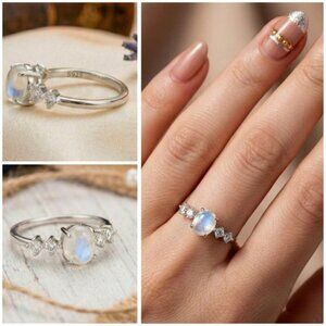 Moonstone Minimalist Ring S925 Sterling Silver Genuine Gemstone CZ Stones Sz 6